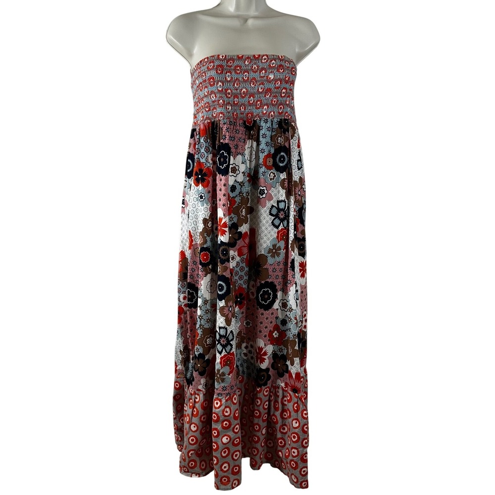 Moon Collection Womens Strapless Floral Patchwork Maxi Dress Cotton Red Blue M